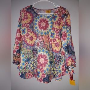 Ruby Rd Blouse Womens size XL Petite jersey Multicolor Embellished Top tie sleev